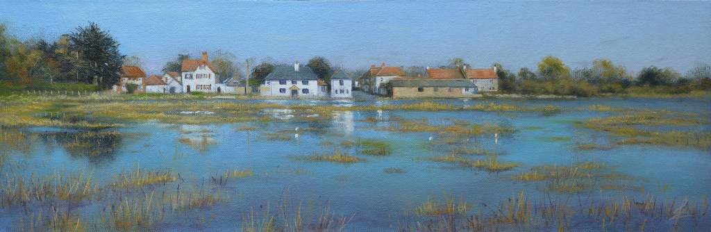 Painting looking across the water towards Mill Lane, Sidlesham Quay by Ja Edwards