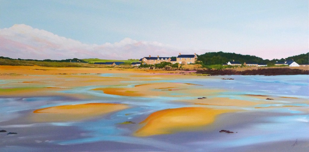 Painting looking across the beach towards Green Porth at low tide