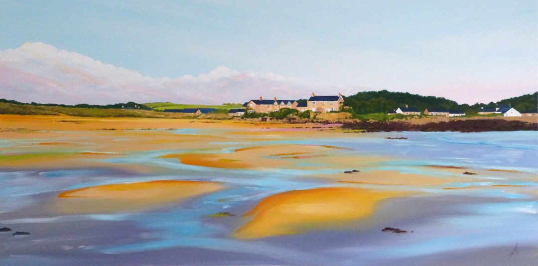 Painting looking across the beach towards Green Porth at low tide