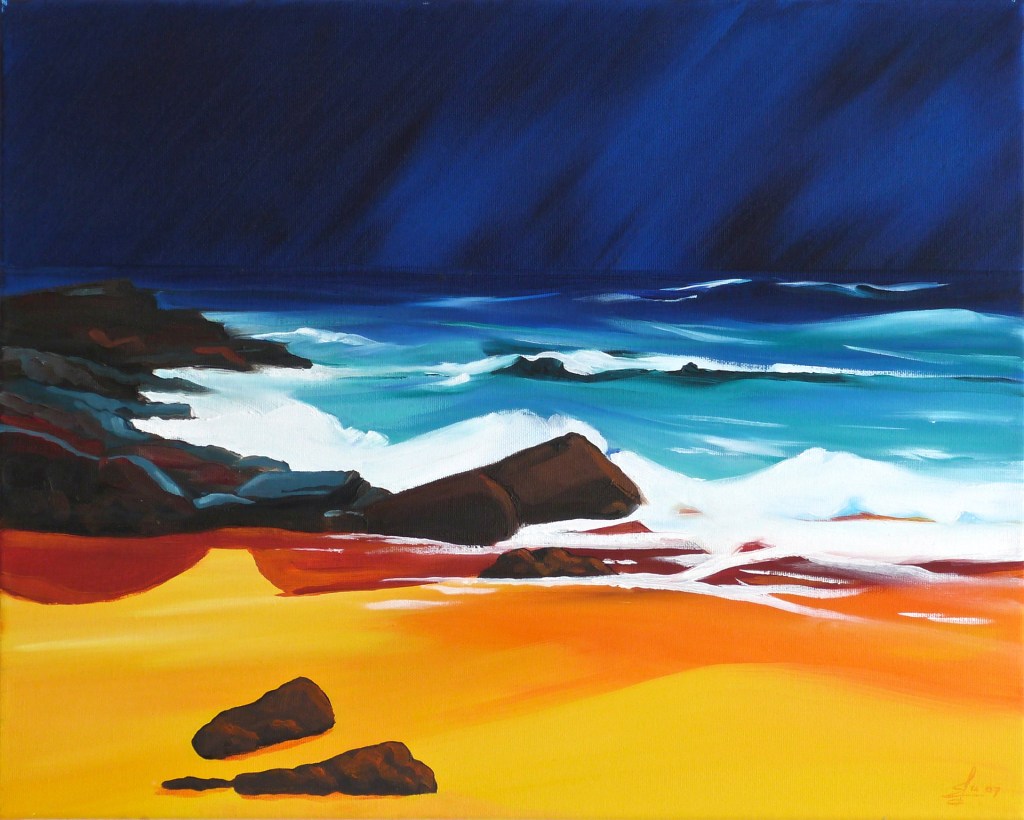 Painting of surf breaking on the beach