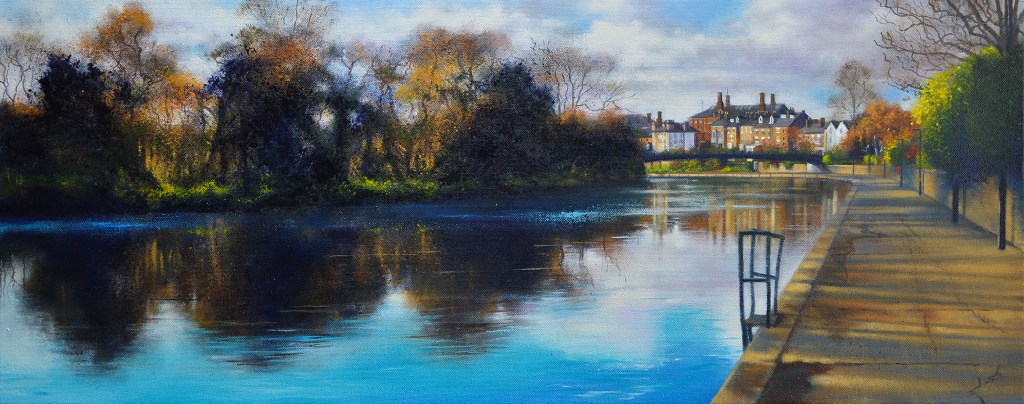 Painting of the path along the bank of the River Severn in Shrewsbury