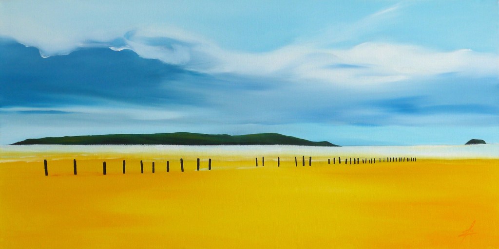 Painting across a beach at low tide