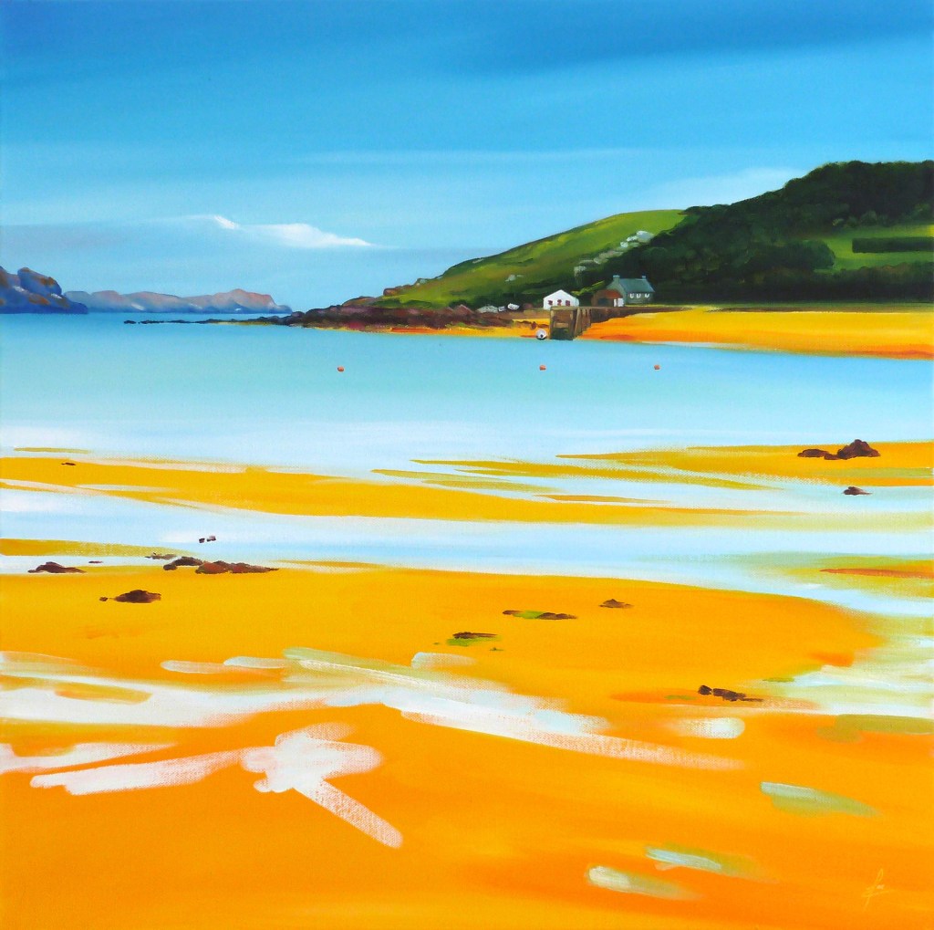 Painting looking across the bay towards New Grimsby Harbour