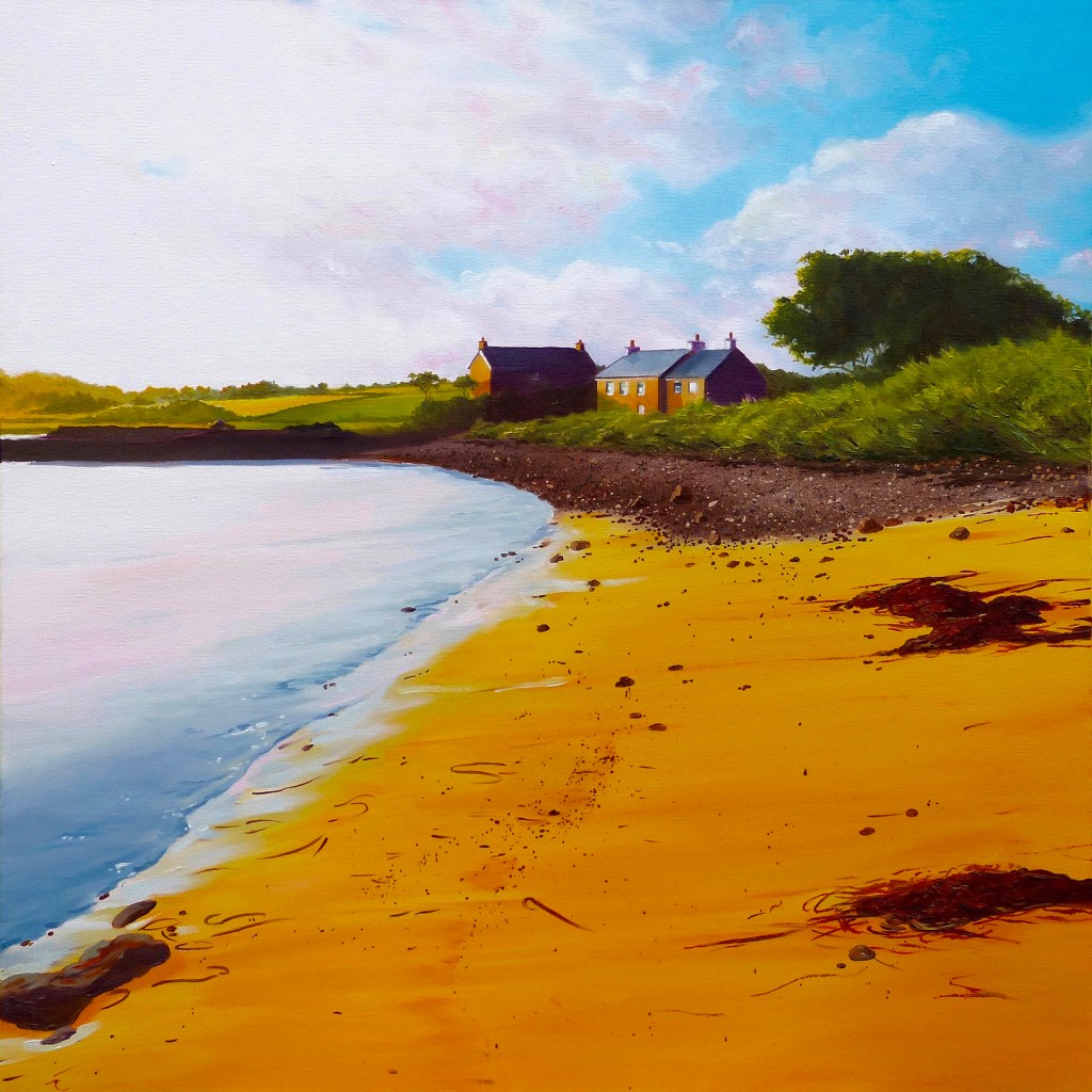 Painting of the beach and cottages just after dawn, Old Grimsby, Tresco