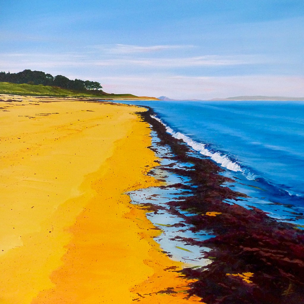 Painting looking up the tide line of the beach at Pentle Bay, Tresco