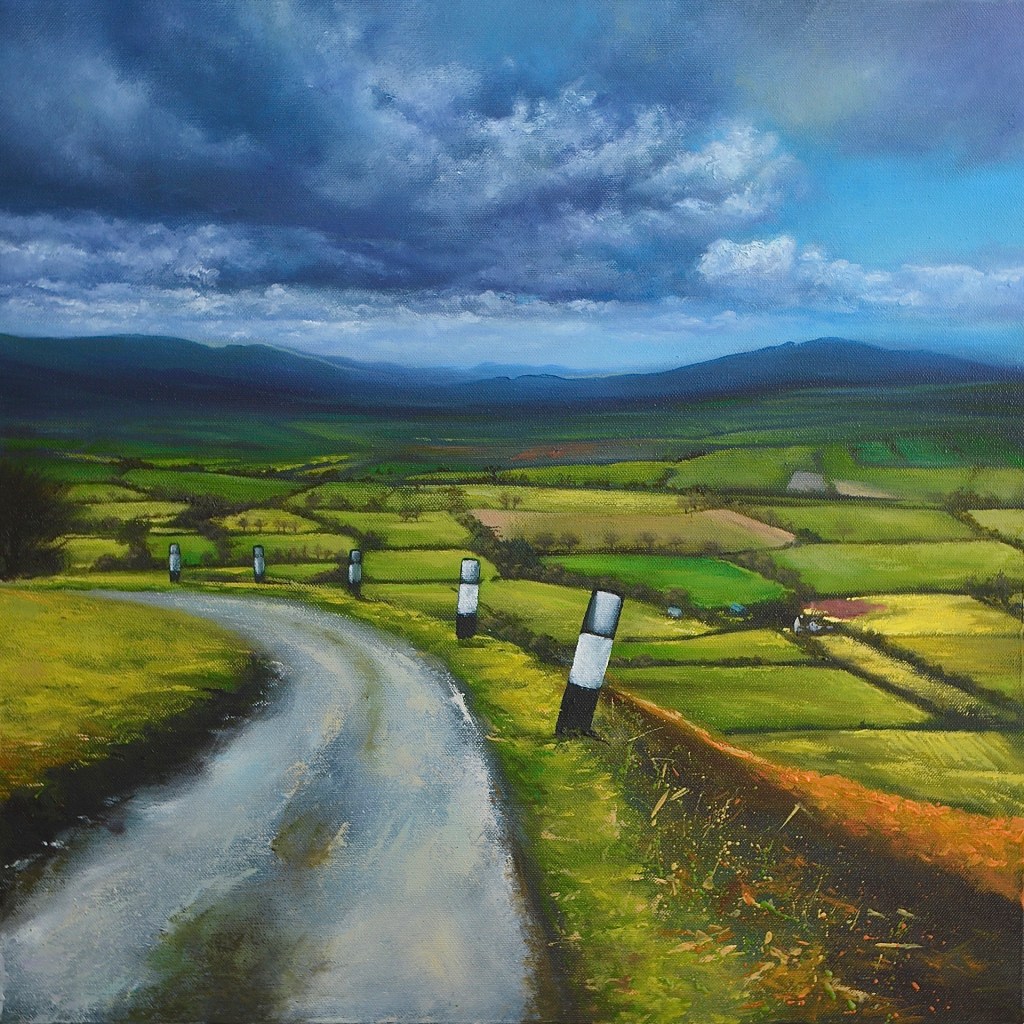 Painting of the countryside as seen from the top of the Long Mynd