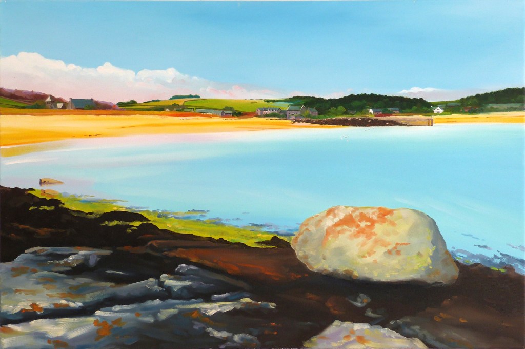 Painting looking across the high tide towards Green Porth, Tresco