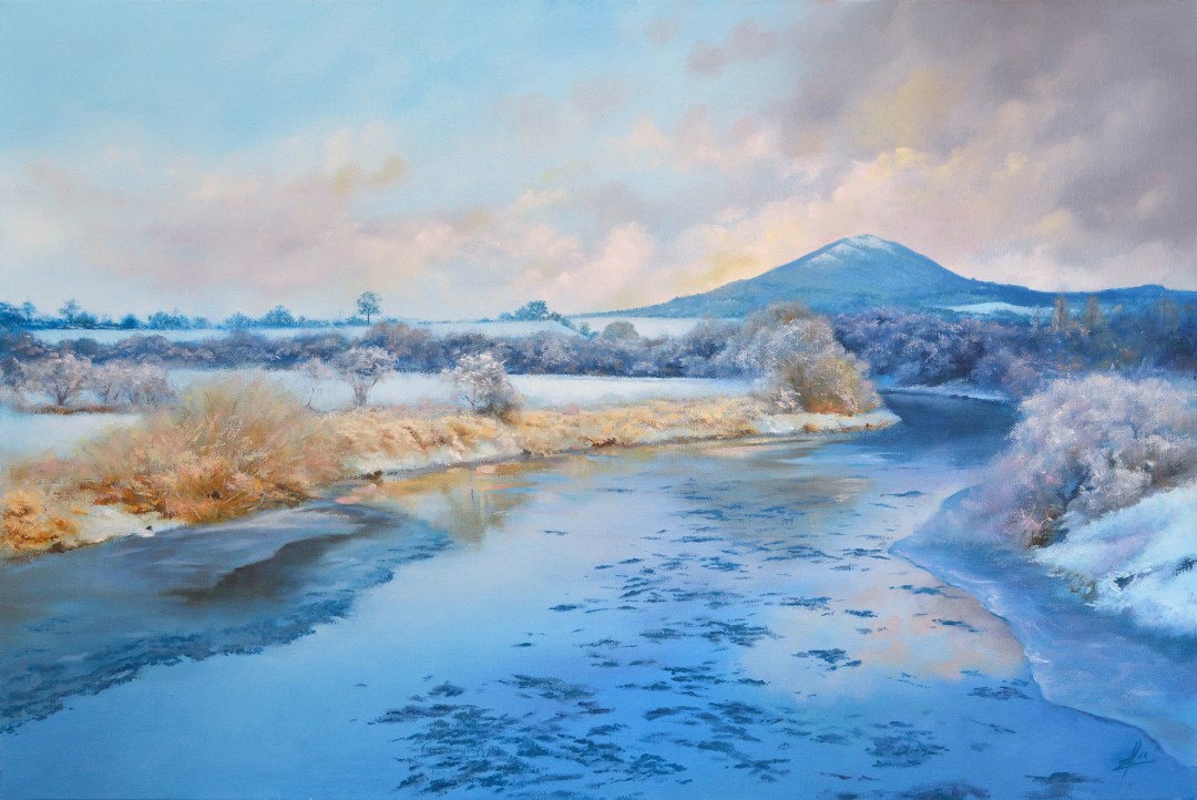Painting showing ice on the River Severn and snow lying on the fields beneath the Wrekin