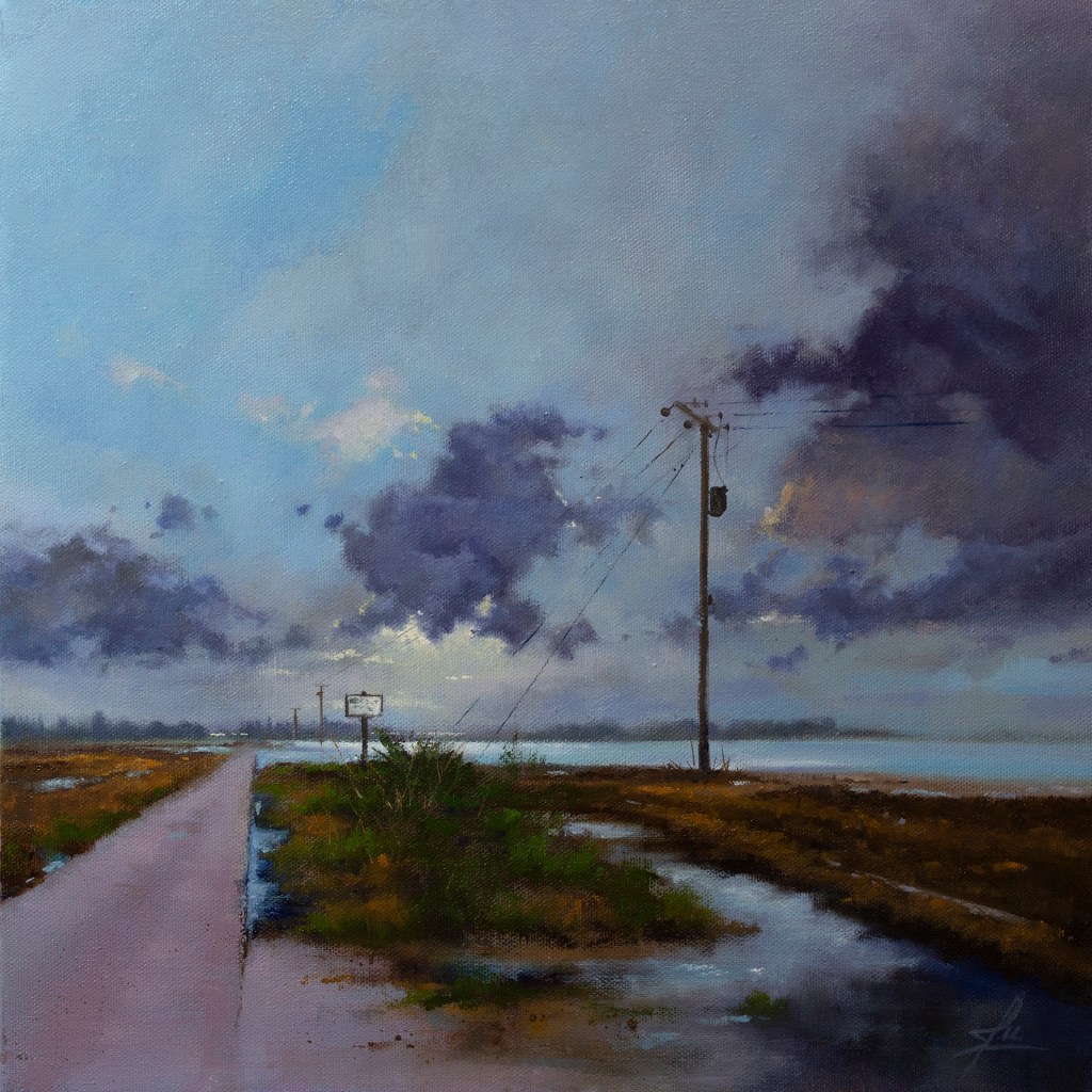 Painting across the flooded fields around Eyton upon the Weald Moors