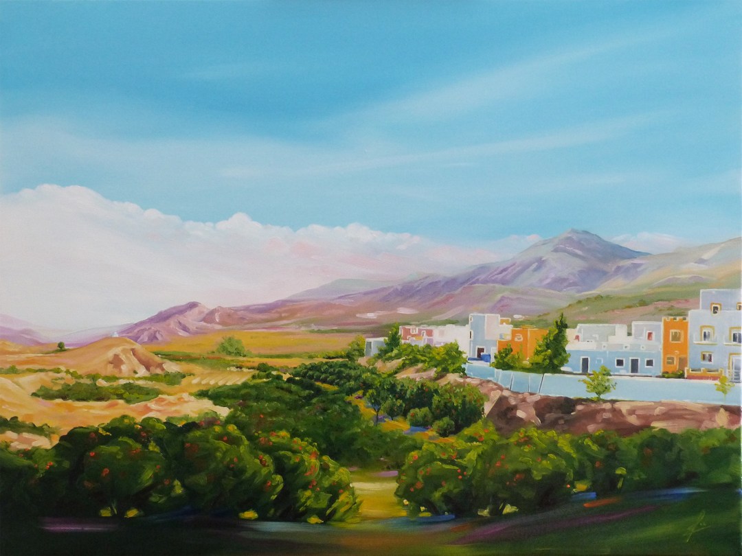 Painting of a town, surrounding orange groves and distance mountains in Spain