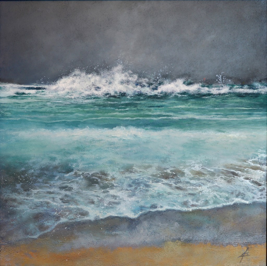 Painting of the rough seas breaking on Bryher just before storm Ciara hit