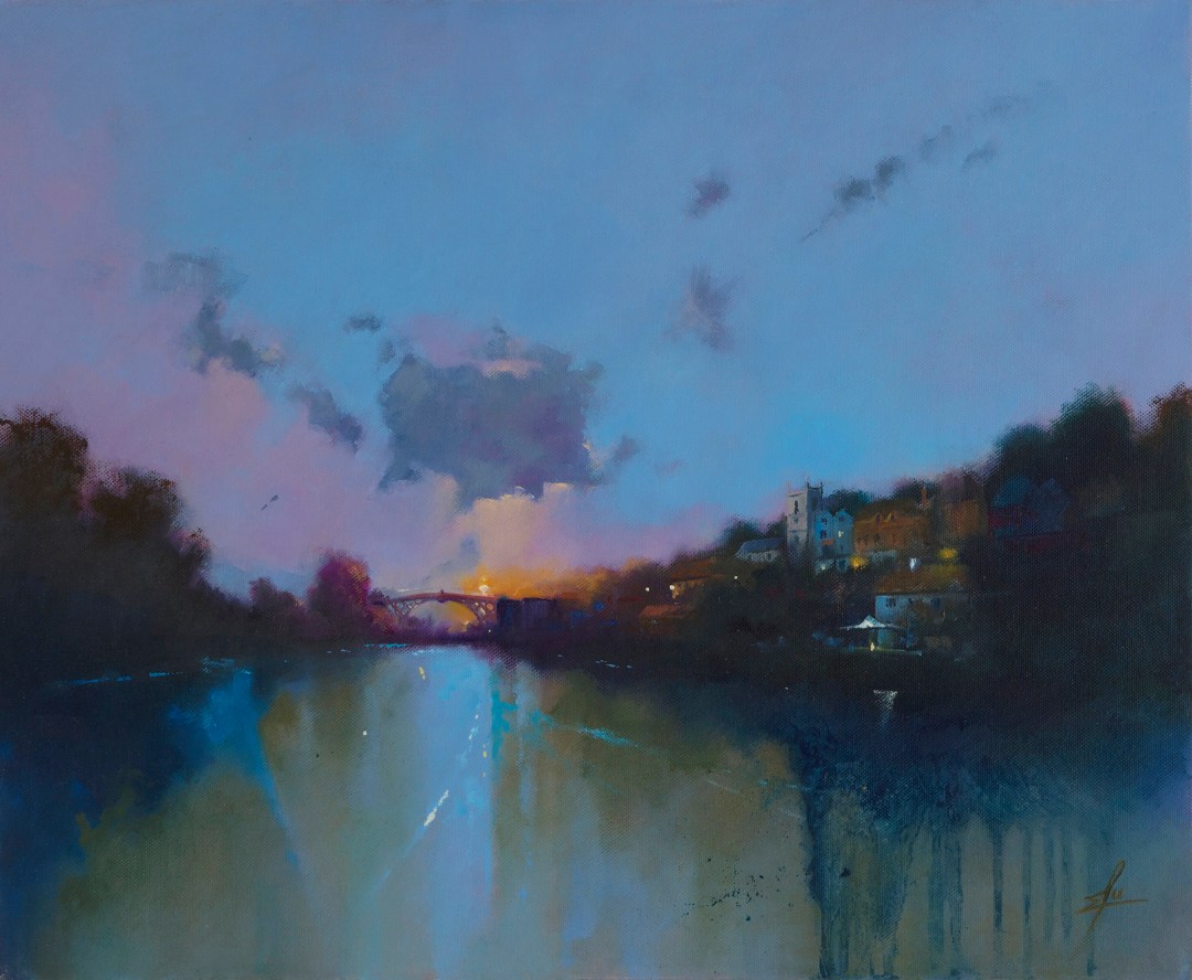 Oil painting depicting the setting sun behind the Iron Bridge in the Ironbridge Gorge, Shropshire by Ja Edwards