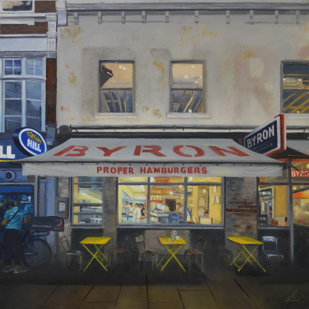 Oil painting by Ja Edwards of Byron's restaurant in London